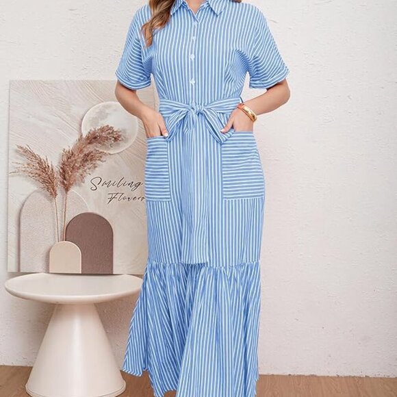 💙 Blue & White Striped Button-Down Maxi Dress w/ Tie Belt | L - Picture 4 of 5